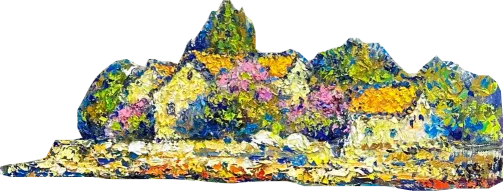 Stylized landscape of a village - decorative element